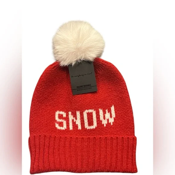 Red and White SNOW Pom Bennie Hat - Picture 1 of 9